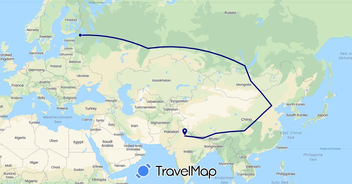 TravelMap itinerary: driving in China, India, Mongolia, Nepal, Russia (Asia, Europe)